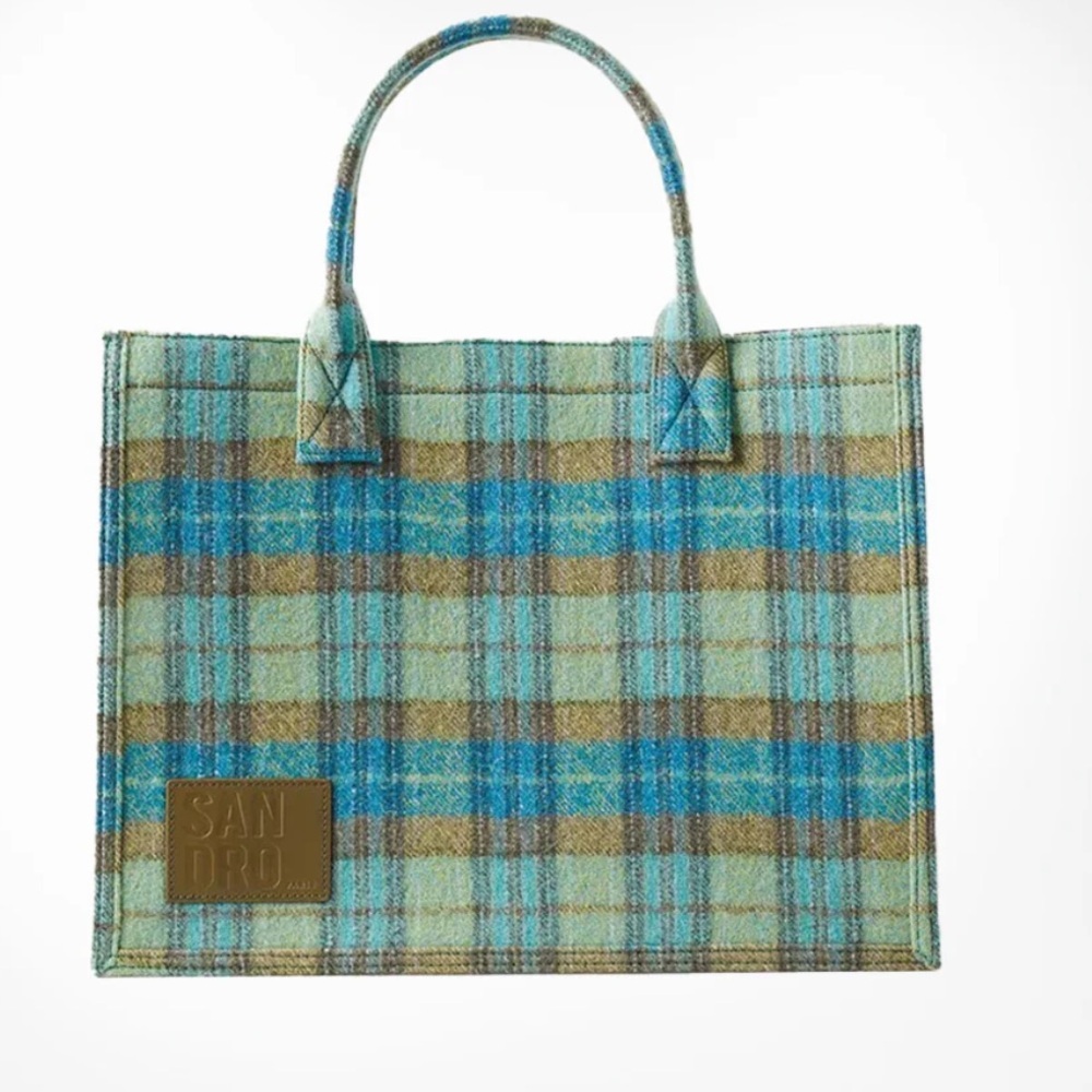 NWT Sandro Turquoise Olive Plaid Tote